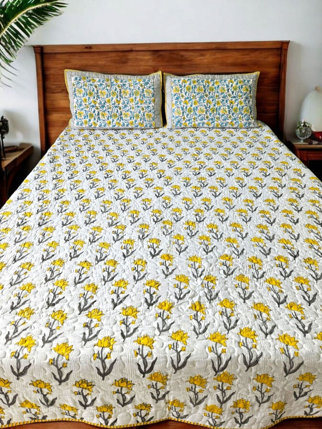 Feels Like Home White & Yellow Golden Meadows Quilted Reversible Bedcover