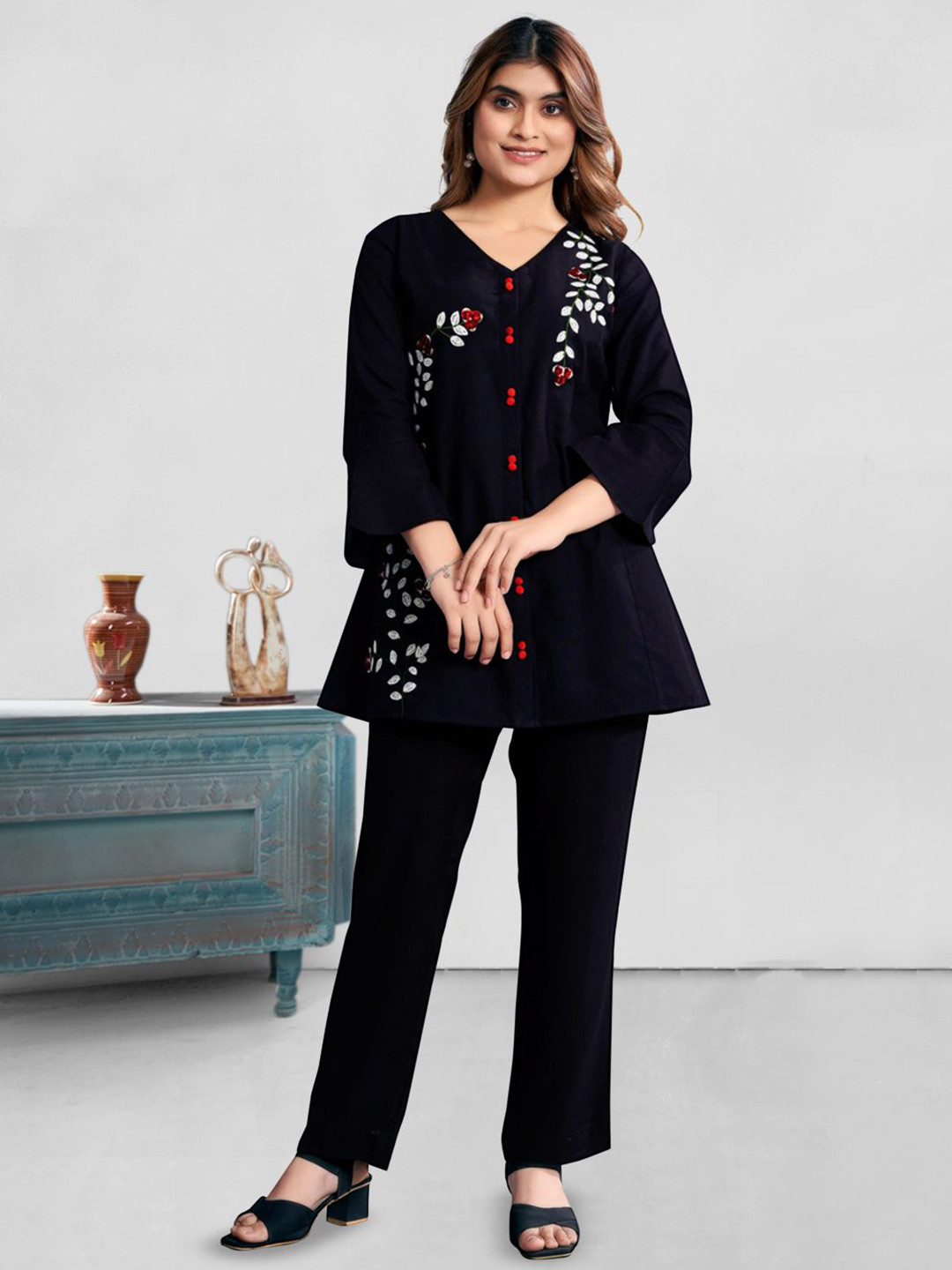 Komarri U Embroidered Thread Work Top With Trousers