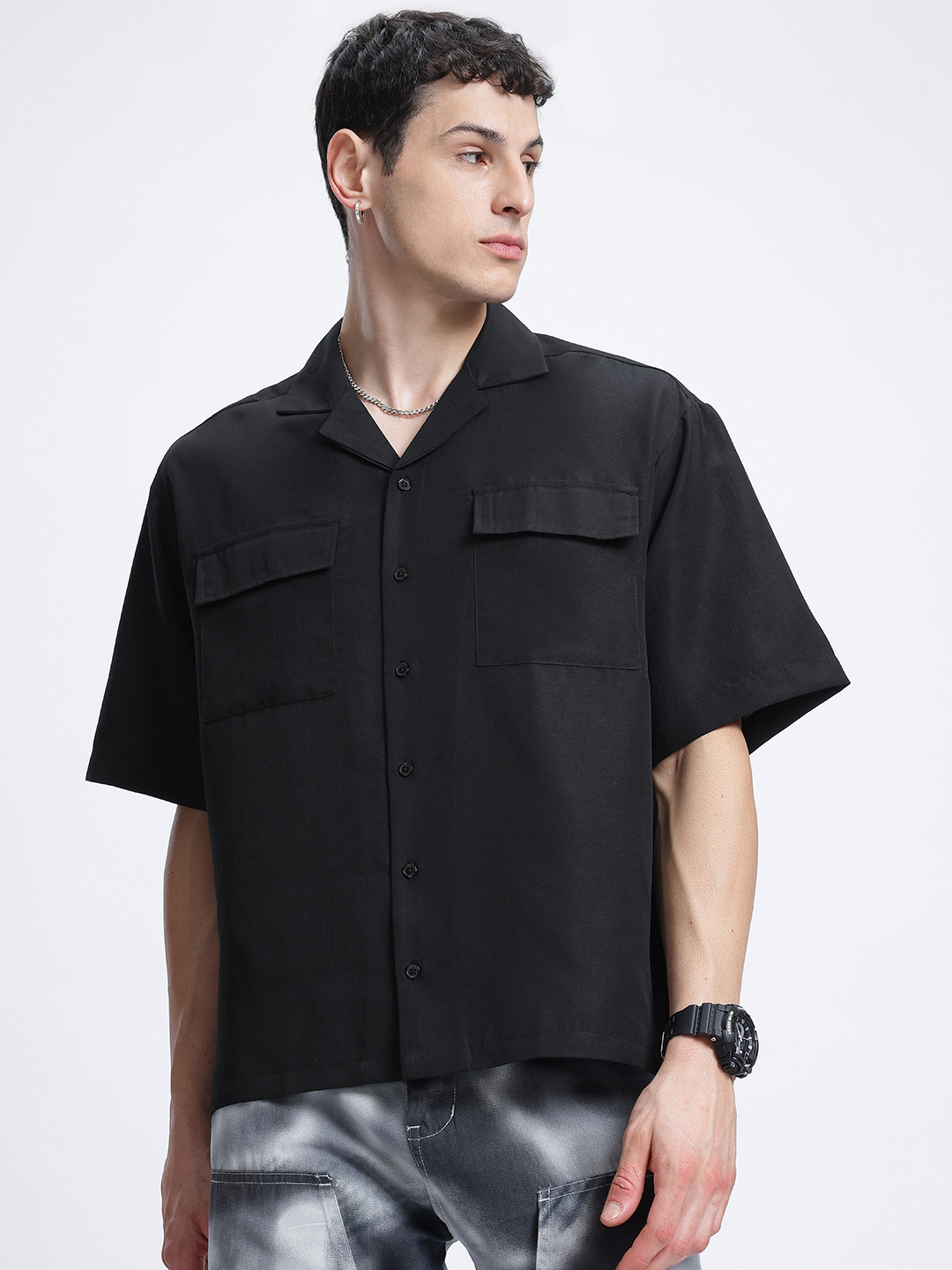 glitchez Cargo-Pocketed Drop-Shoulder Bowling Relaxed Fit Shirt