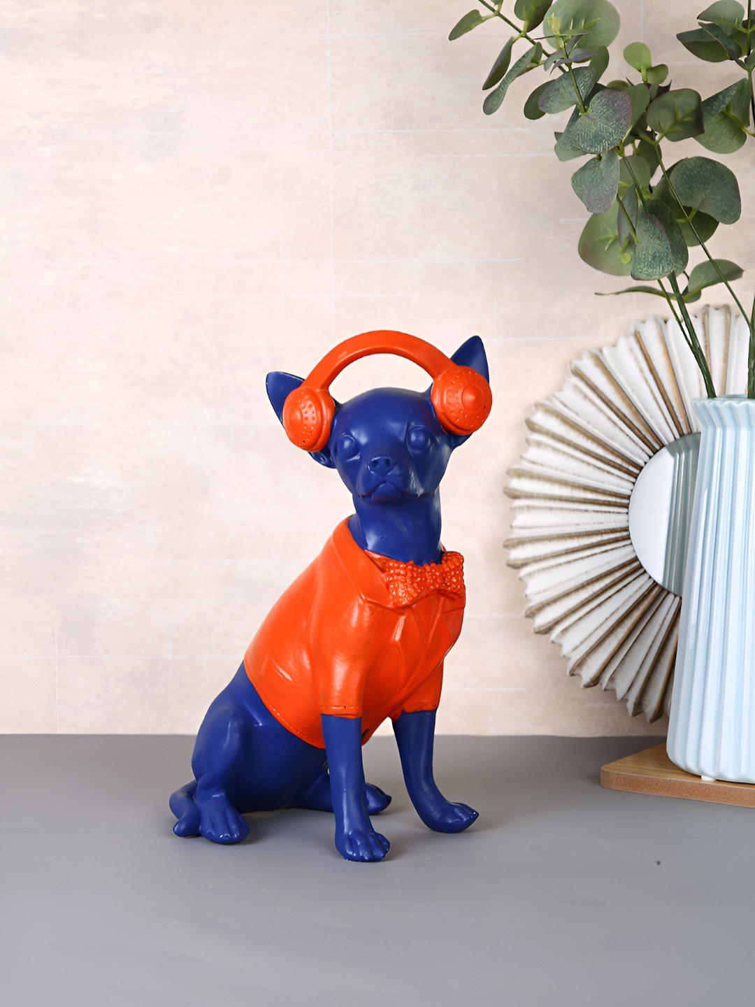 Myntra Elegant Homes Trendy Music Lover Dog Blue Resin Glossy Living Room Music Medium Showpiece - 5.9 Inches