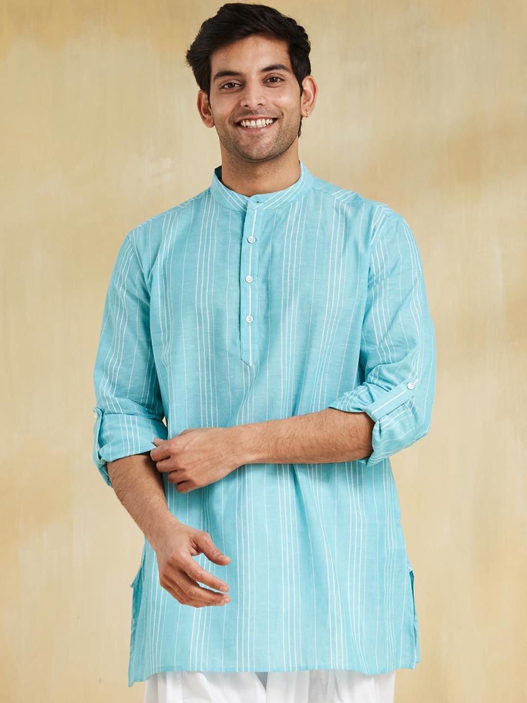 Fabindia Striped Pure Cotton Mandarin Collar Straight Kurta