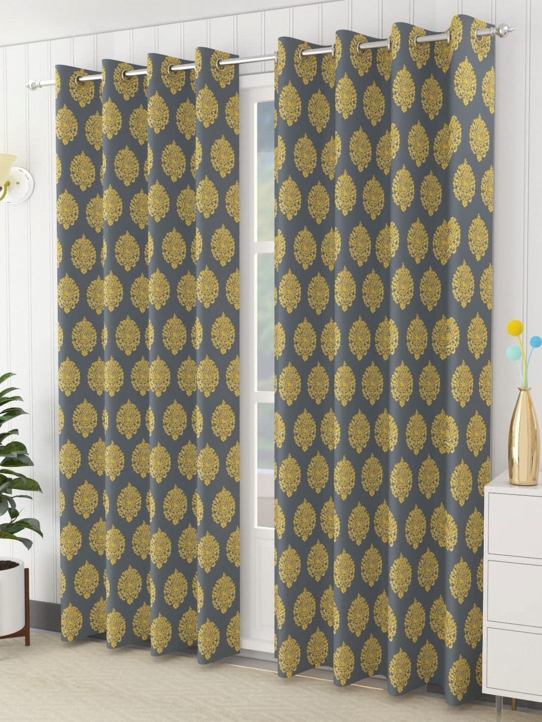 Trance Home Linen Mustard And Grey 2 Pieces Floral Printed Cotton Door Curtains