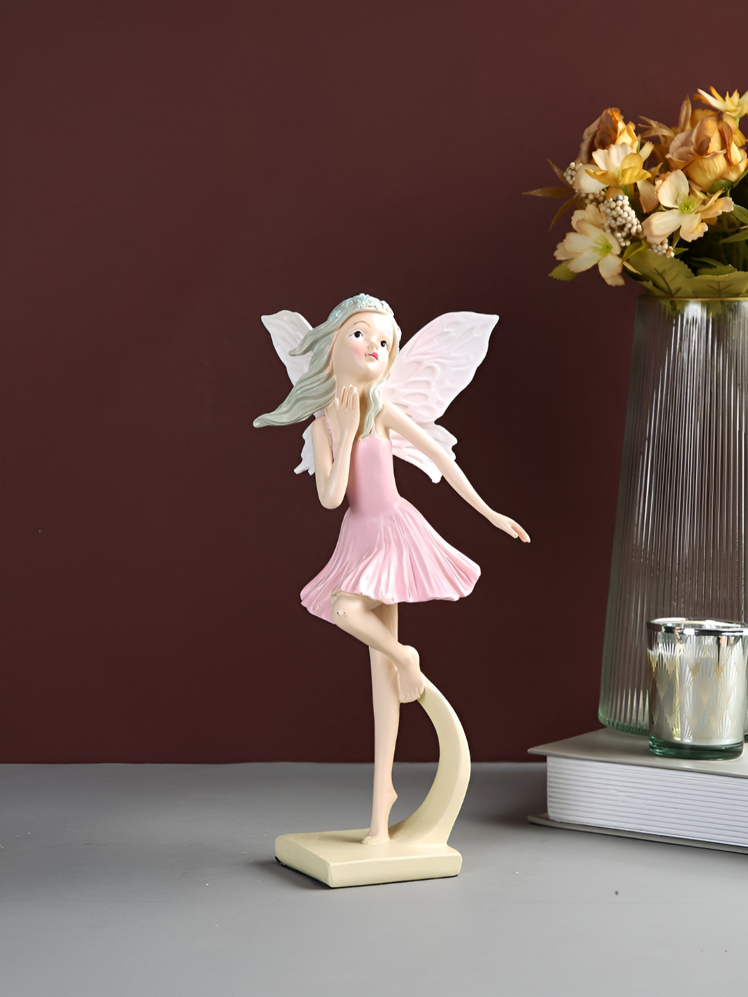 Myntra Elegant Homes Dancing Winged Fairy Ornament Pink Resin Matte Living Room Medium Showpiece - 10 Inches