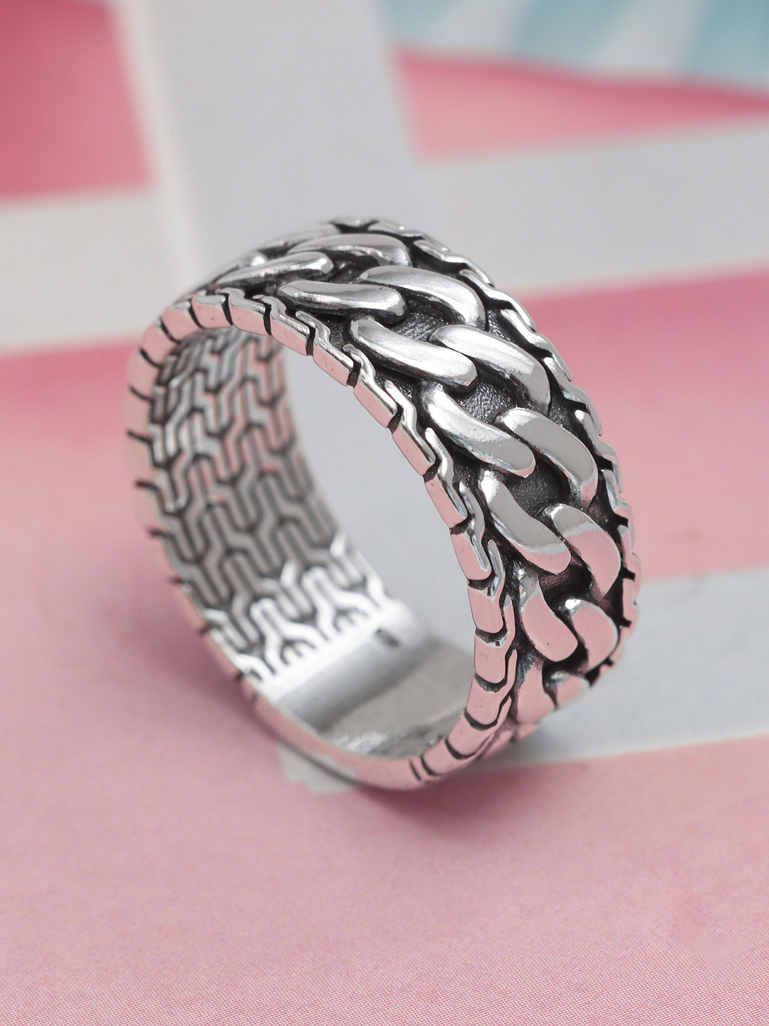 LeCalla Men 925 Sterling Silver Rhodium-Plated Curb Link Chain Band Finger