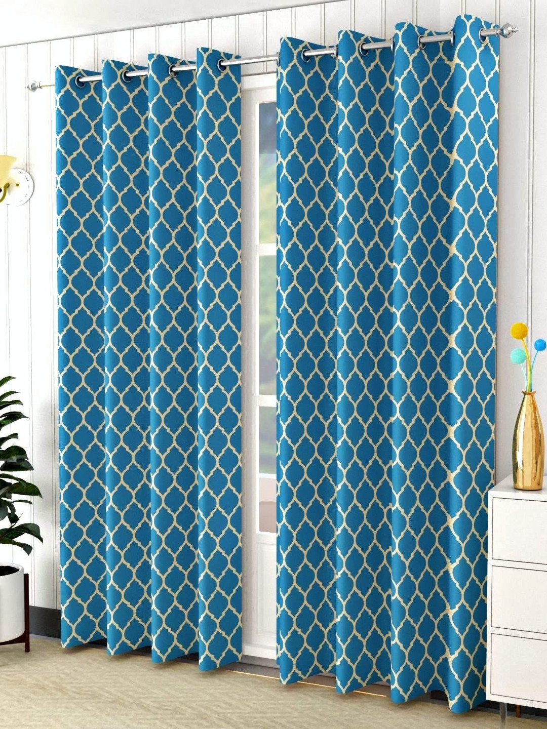 Trance Home Linen Blue And White 2 Pieces Geometric Printed Cotton Door Curtains
