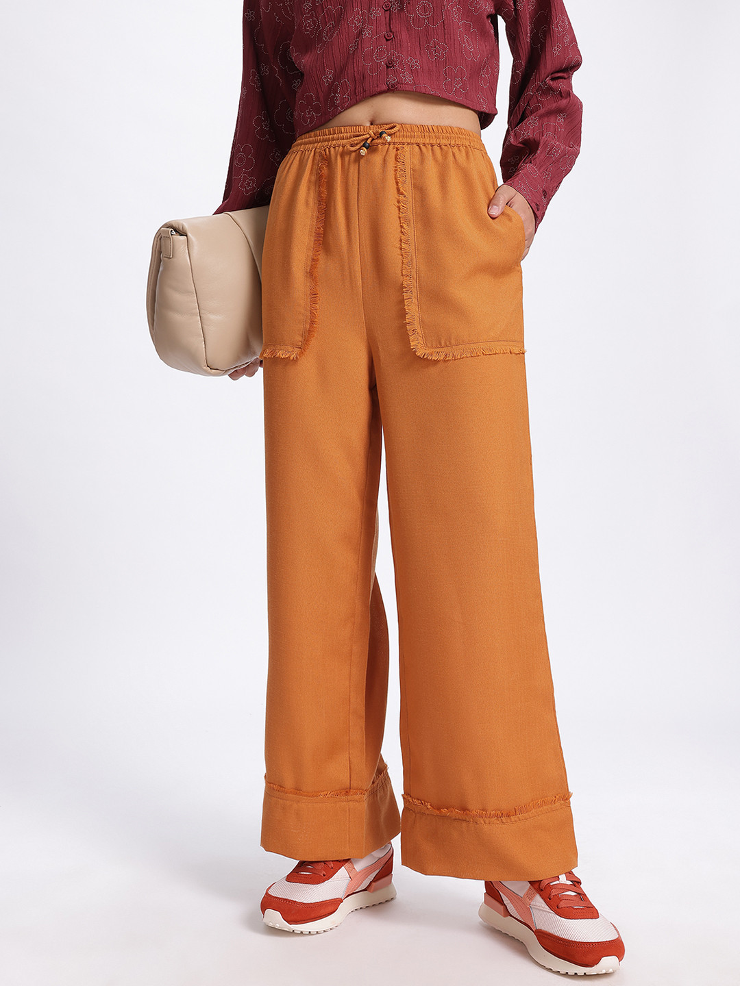 glitchez Women Fringed High-Rise Flared Wide Leg Trousers