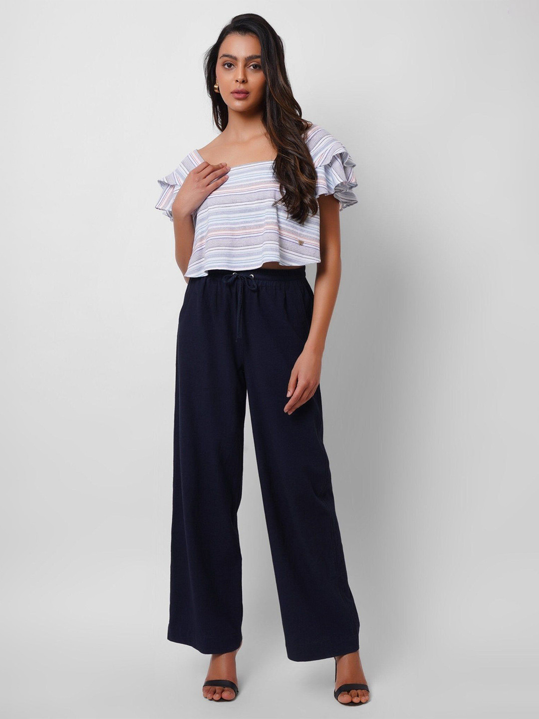 Western Era Striped Flutter Sleeve Cotton Crop Top