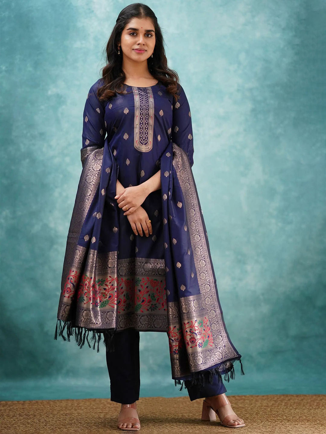Moda Rapido Floral Woven Design Round Neck Art Silk Kurta With Trousers And Dupatta