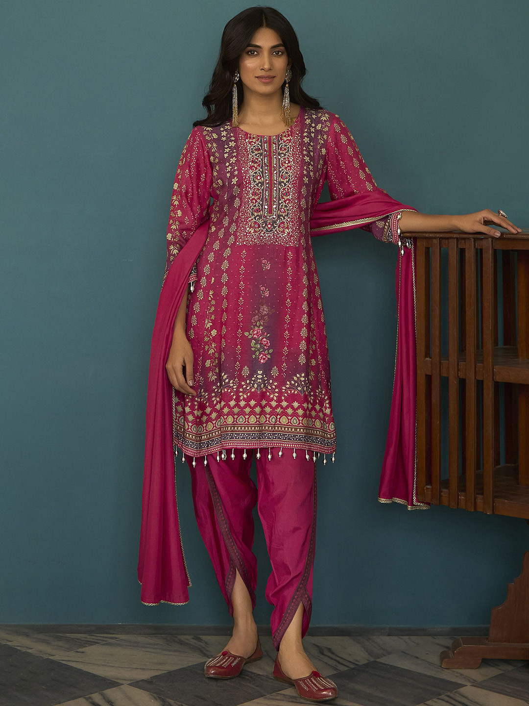 Anouk Ethnic Motifs Printed Thread Work Pure Silk Kurta With Dhoti Pants & Dupatta