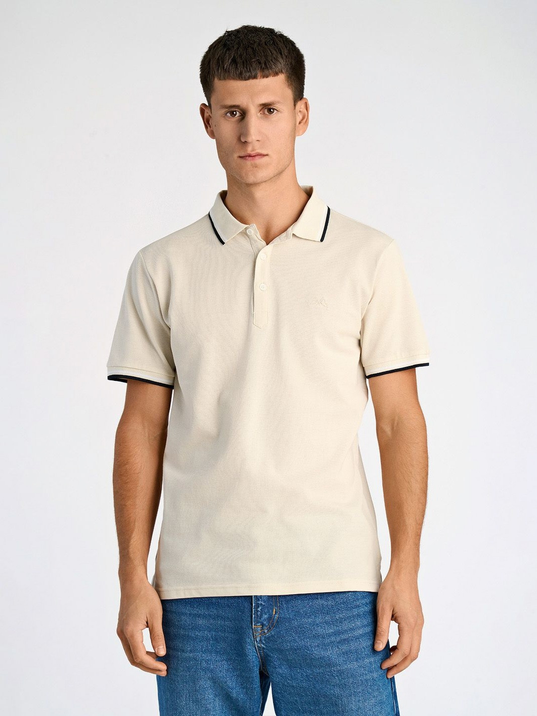 LINDBERGH Men Cream Polo Collar Short Sleeve Solid Polo Collar Pure Cotton T-shirt