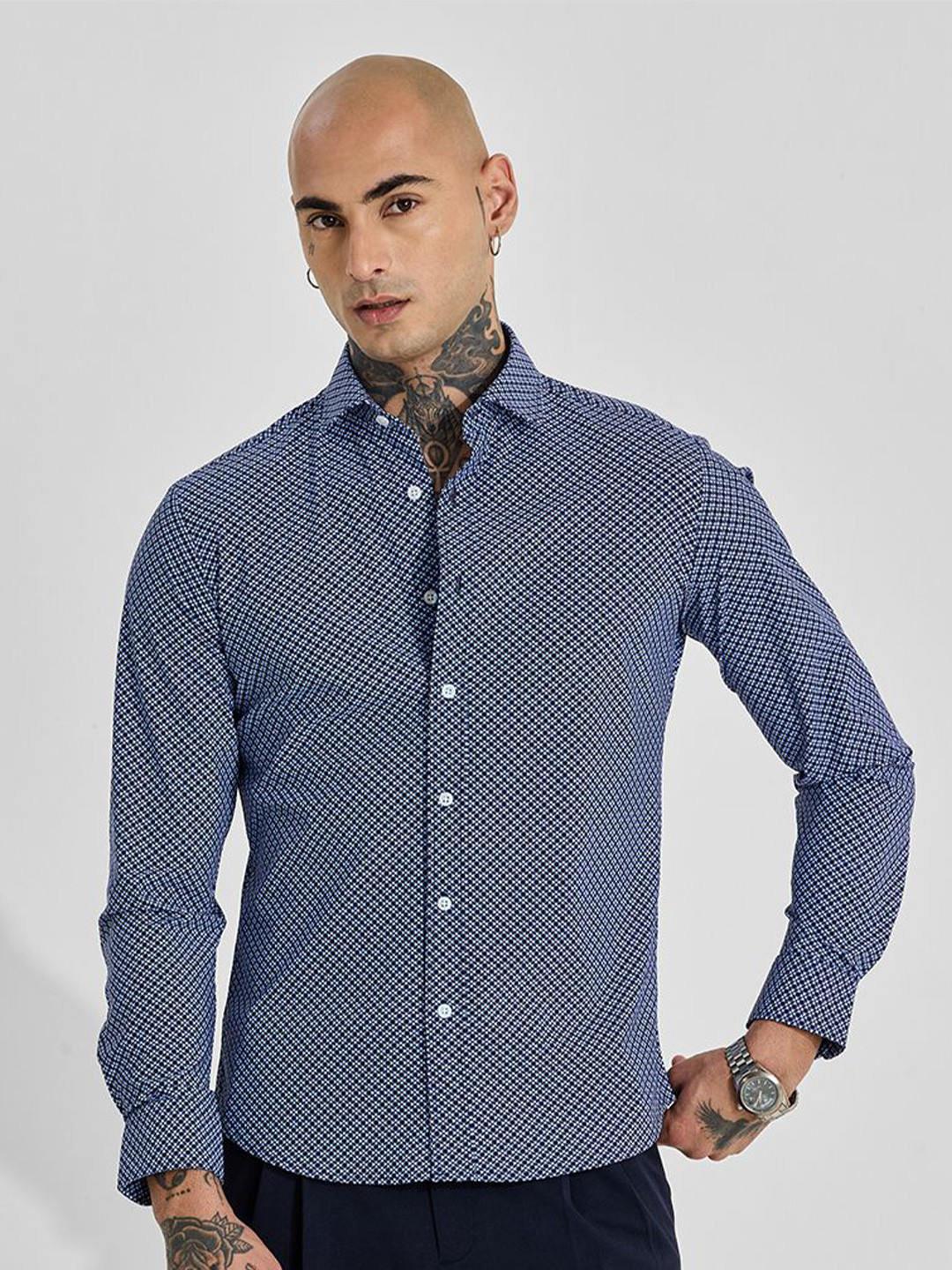 Snitch Geometric Nylon Long Sleeves Slim Fit Shirt