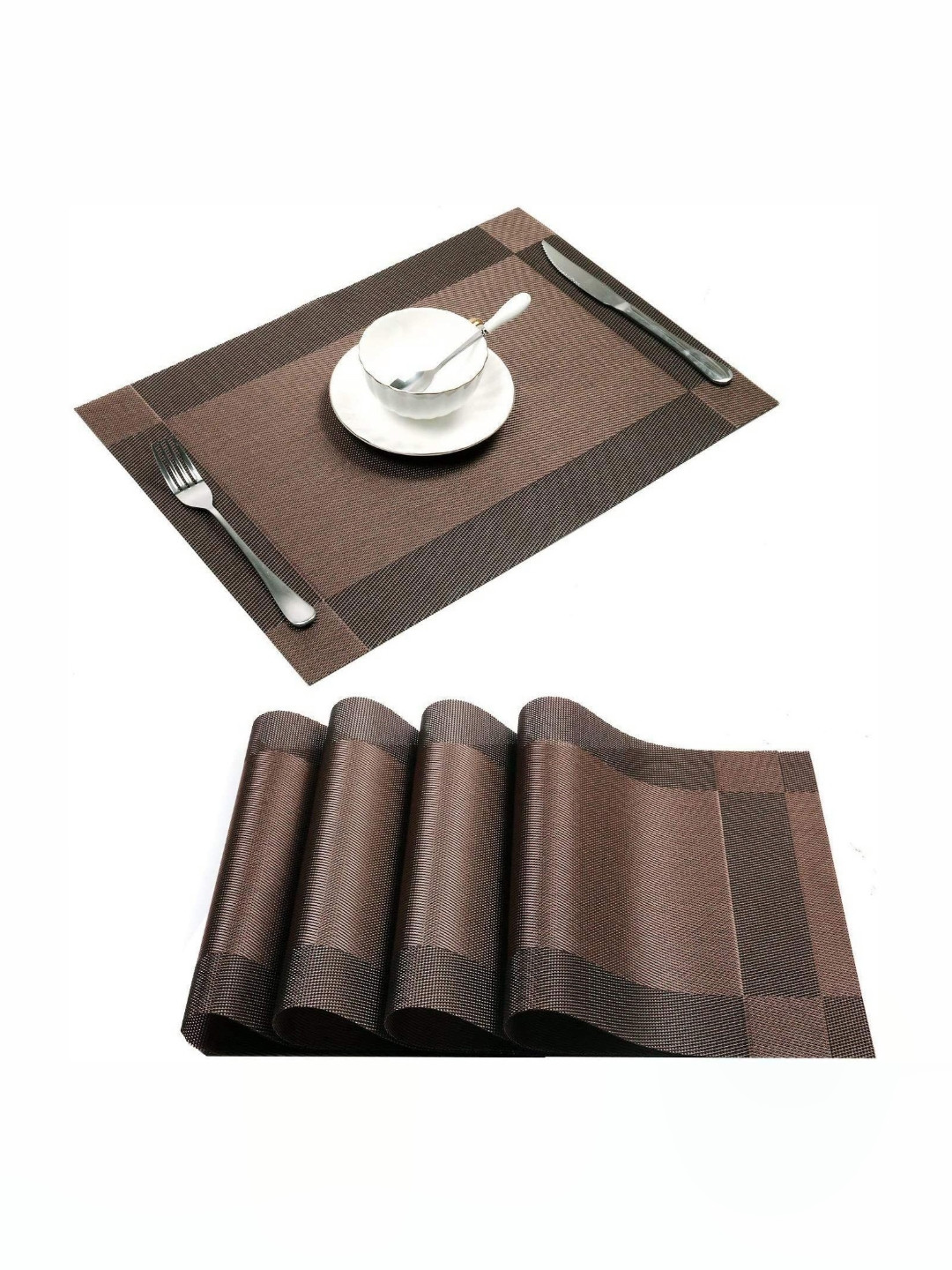 We3 Brown 4 Pieces Geometric Textured Woven Vinyl Washable Table Placemats