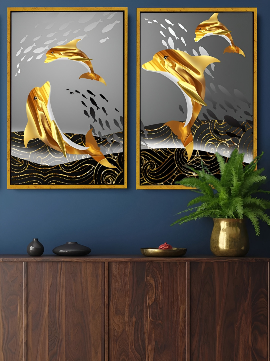 Art Street Sea Gold Dolphin Canvas 2 Piece Wall Rectangle Paintings Wall Art -23 x 17 In