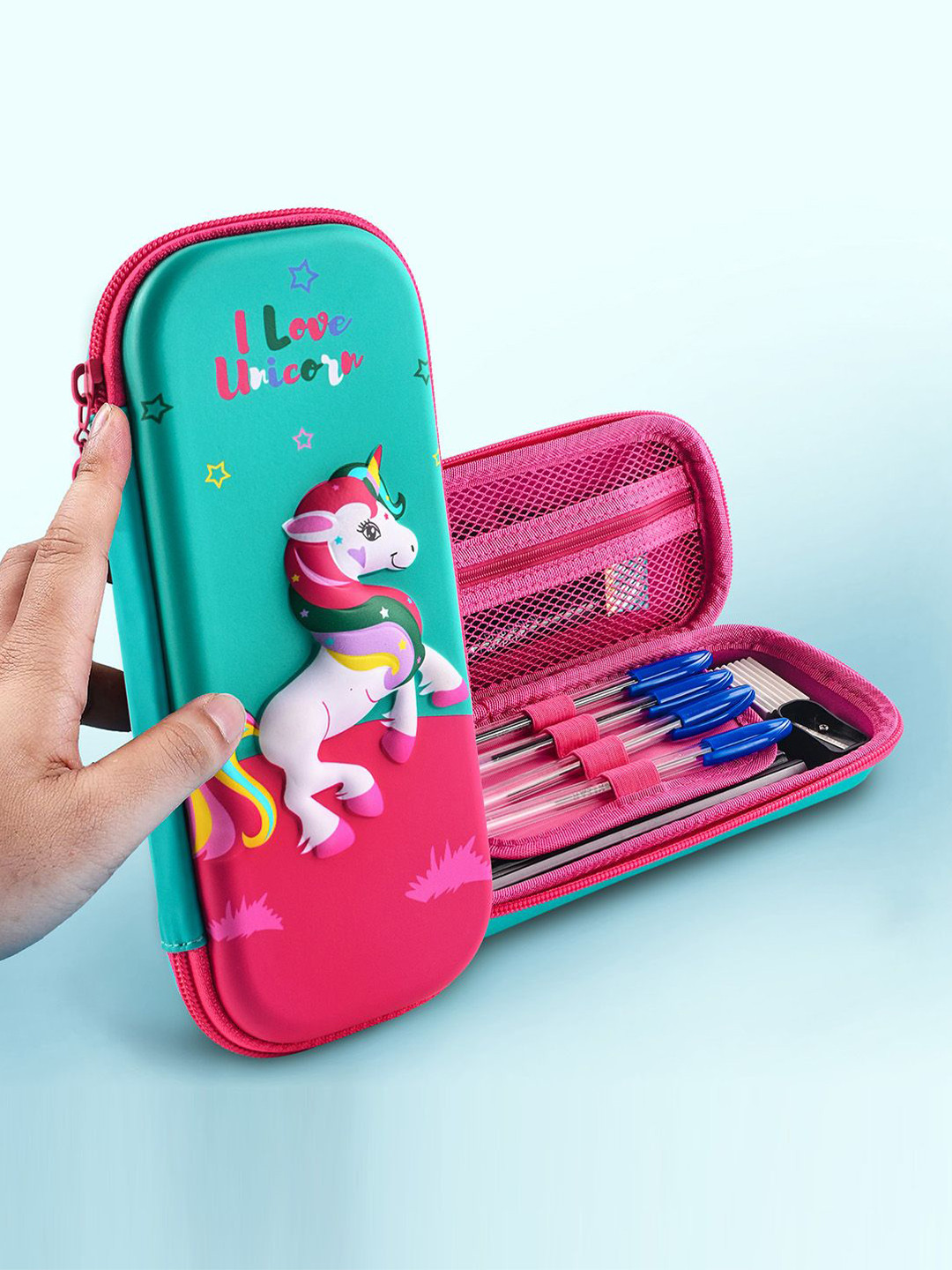 Kuber Industries Teal Green & Pink Unicorn Waterproof 3D Pencil Box For Kids & Adults