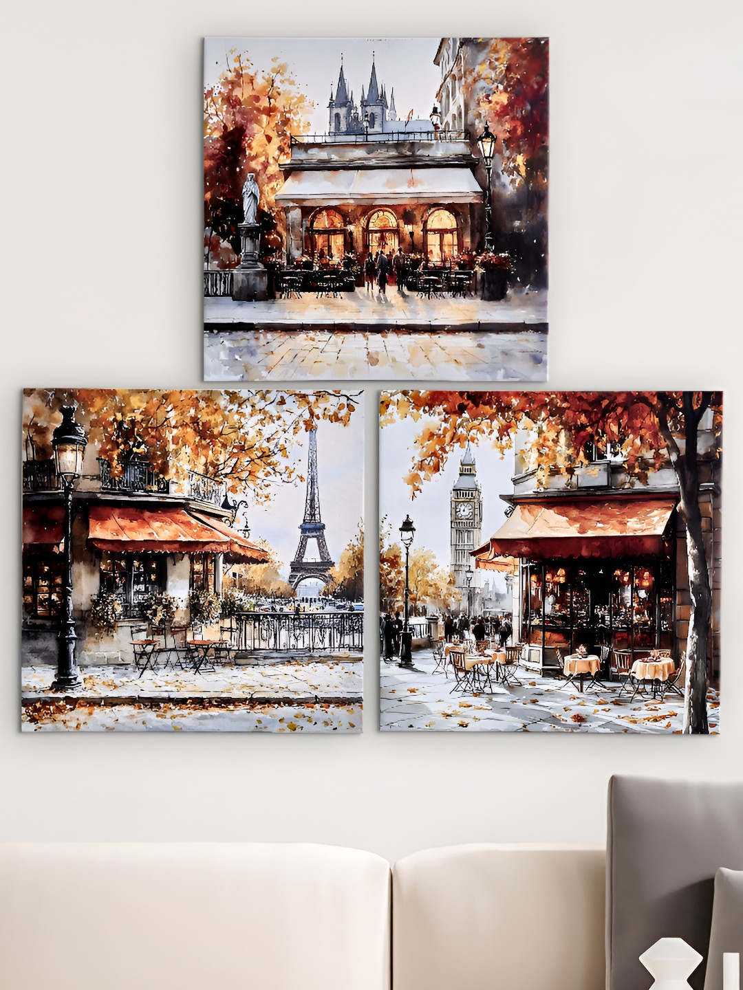 Home Centre Beige & Grey 3 Pieces Canvas Autumn Picture Frames