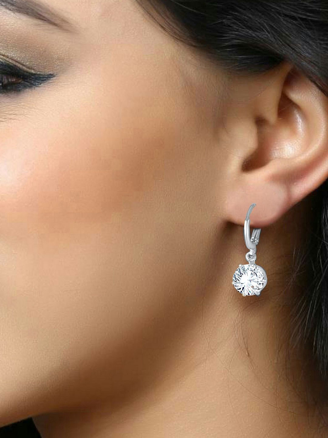 DIVASTRI Rhodium-Plated Cubic Zirconia Studded Hoops Earrings