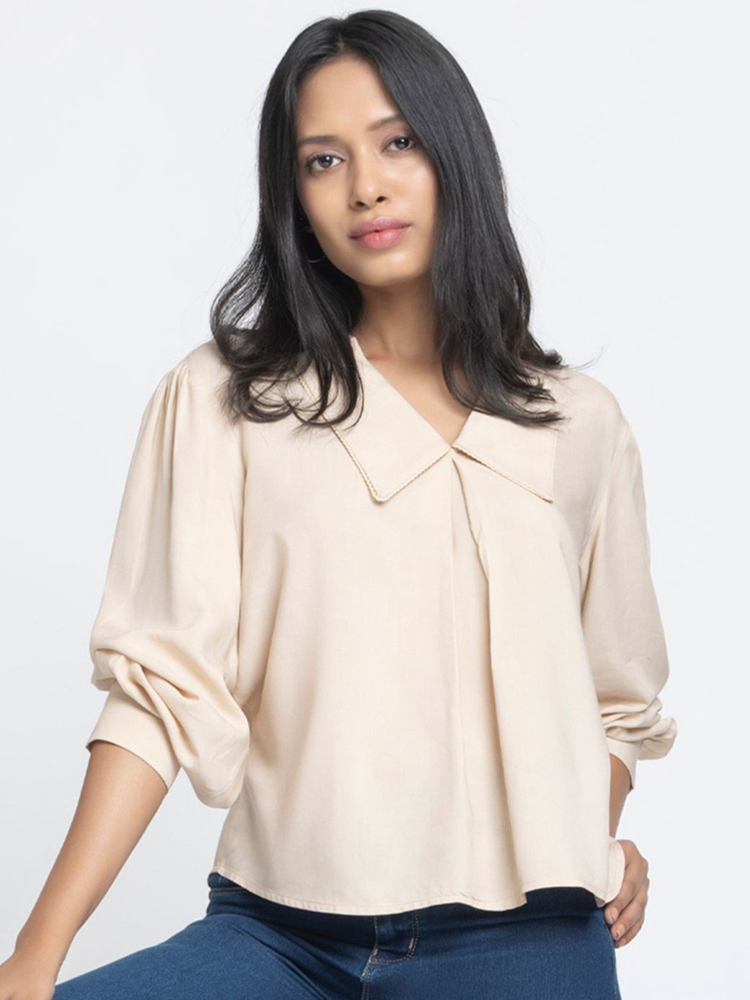 SHAYE Women Beige Peter Pan Collar Solid Full Sleeves Casual Tops