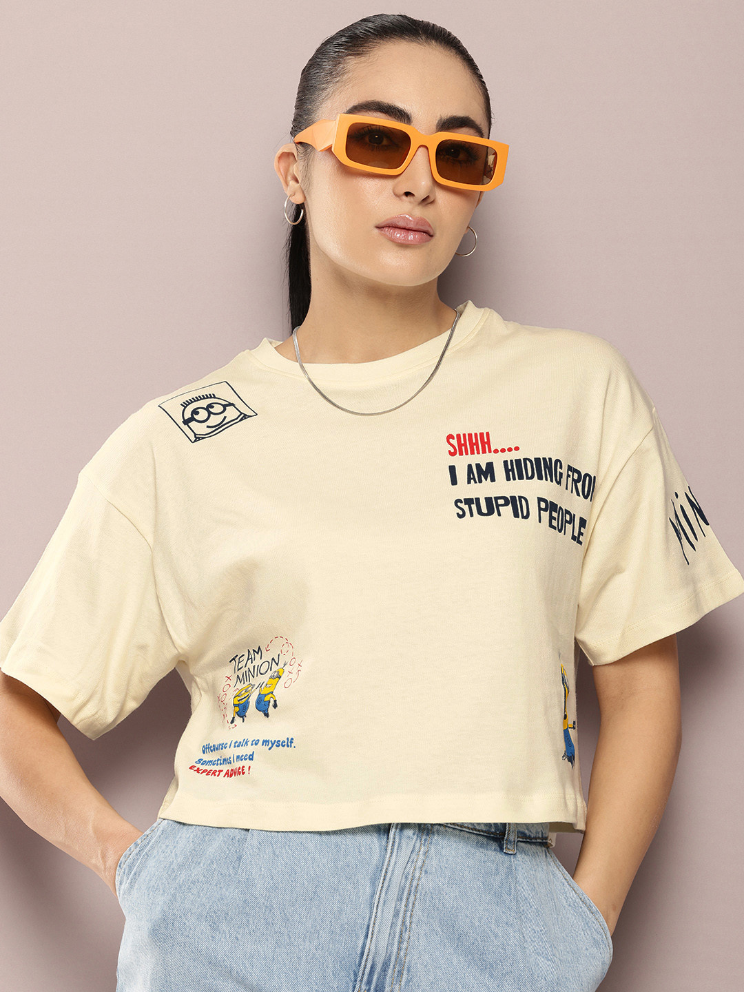 Minions by Kook N Keech Minions Printed Drop-Shoulder Sleeves Pure Cotton Boxy T-shirt