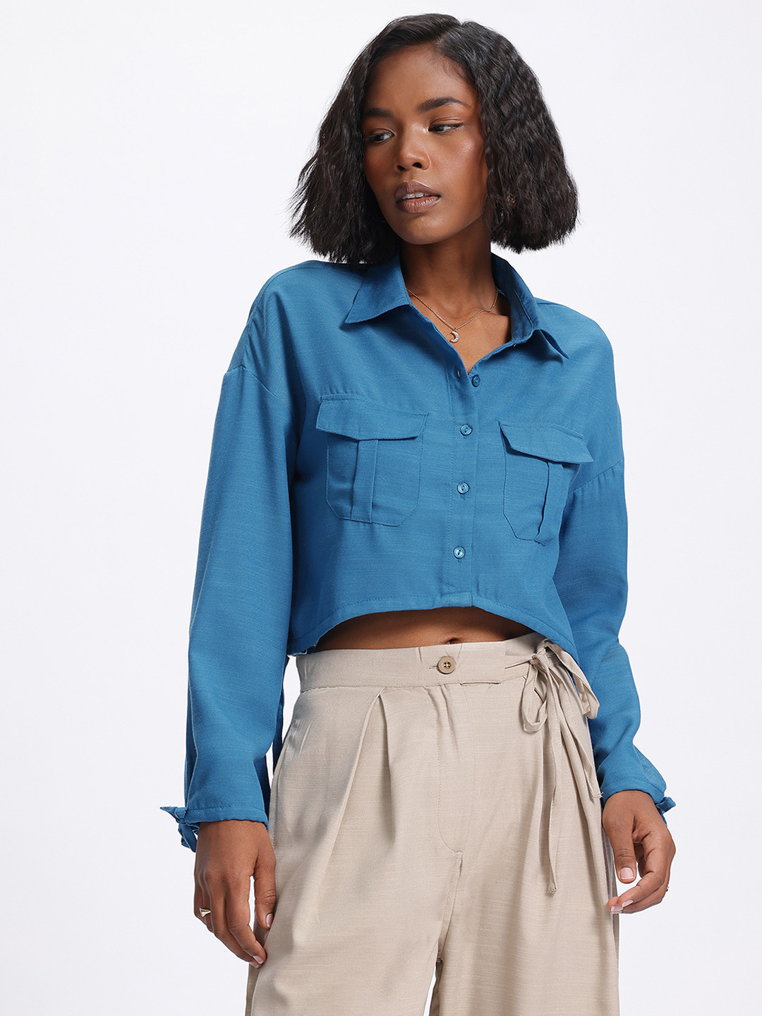 glitchez Cargo-Pocketed Drop-Shoulder Crop Shirt