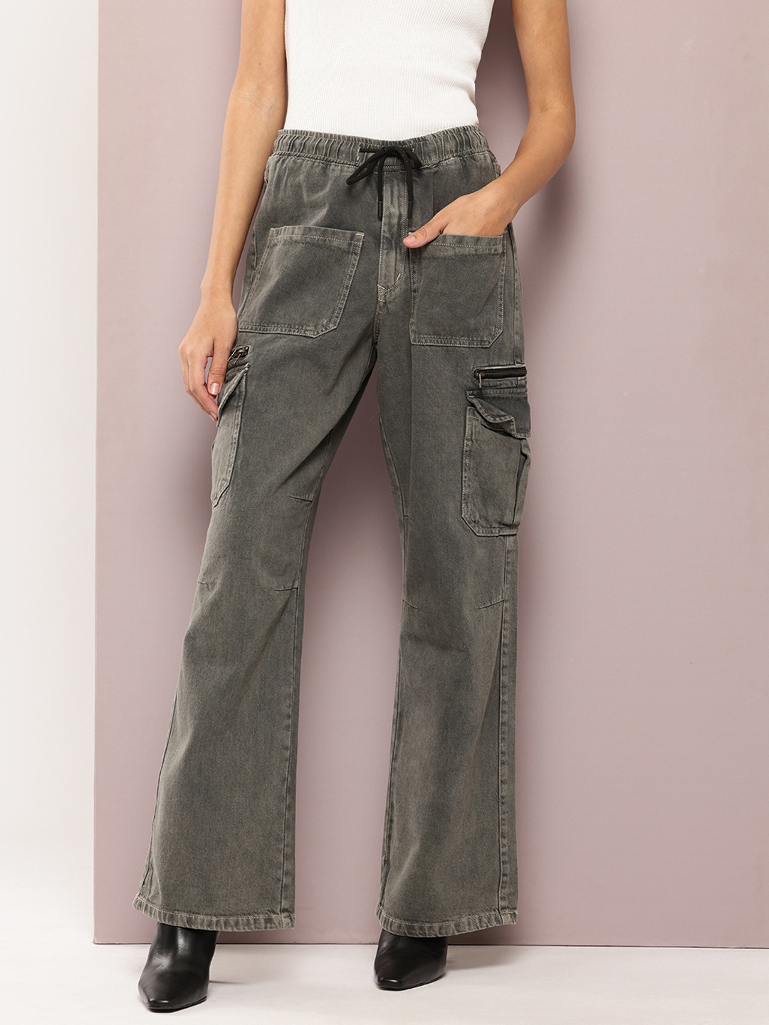 Kook N Keech Women Wide Leg Zip Detail High-Rise Stretchable Cargo Style Jeans