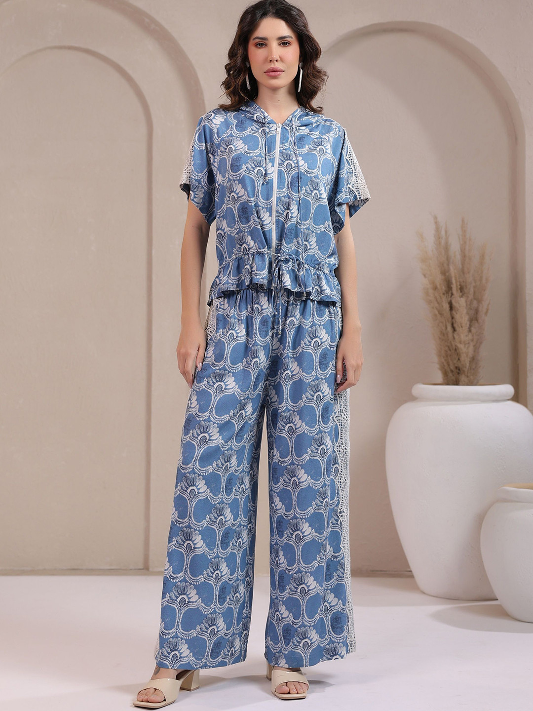 Nyaro Printed Top With Trousers Co-Ord Set With Lace & Zip-Style Shirt