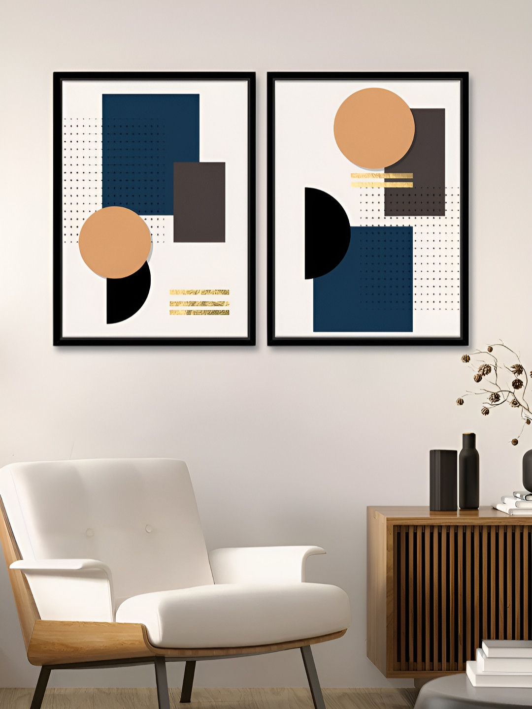 Art Street Orian White & Blue 2 Pieces Geometric Printed Canvas Wall Paintings
