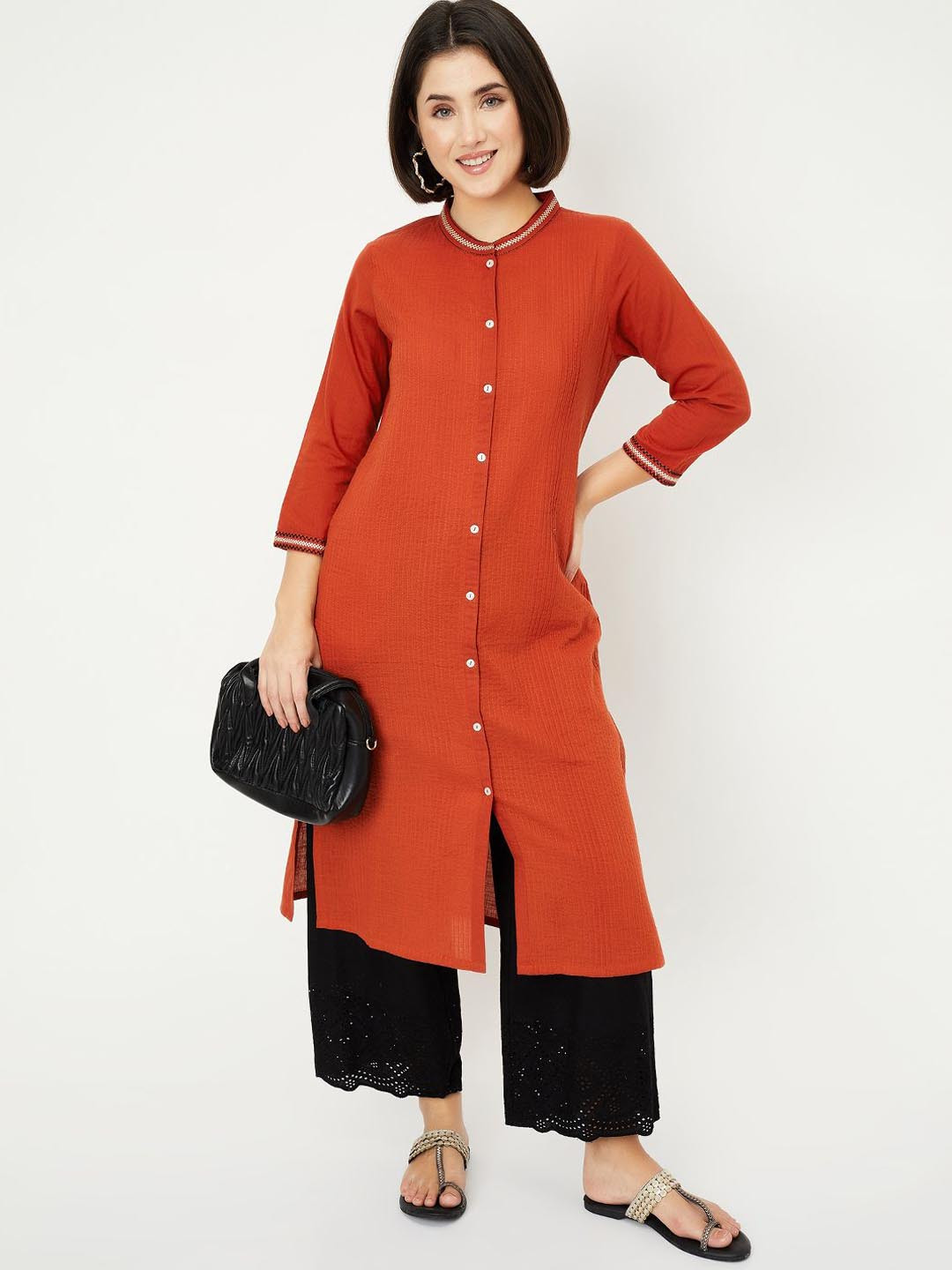 max Thread Work Band Collar Straight Kurta
