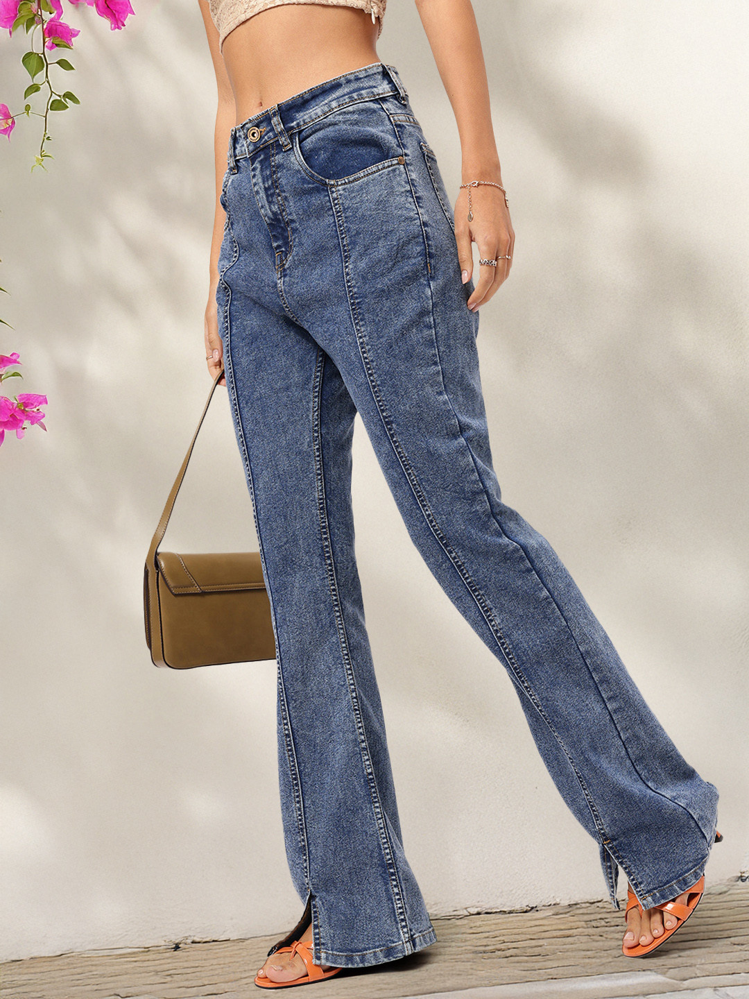 DressBerry Women Paneled Slit Hem Slim Bootcut Jeans