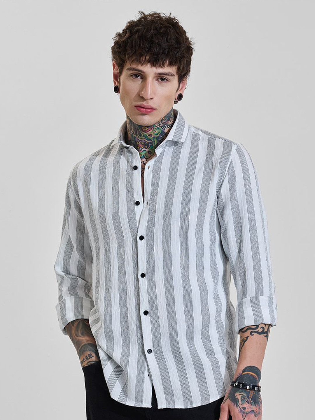 Snitch Vertical Stripes Viscose Rayon Long Sleeves Slim Fit Shirt