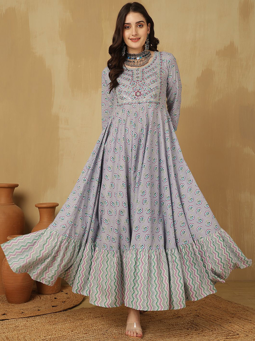 GLAM ROOTS Floral Printed Thread Work Cotton Tiered Anarkali Kurta