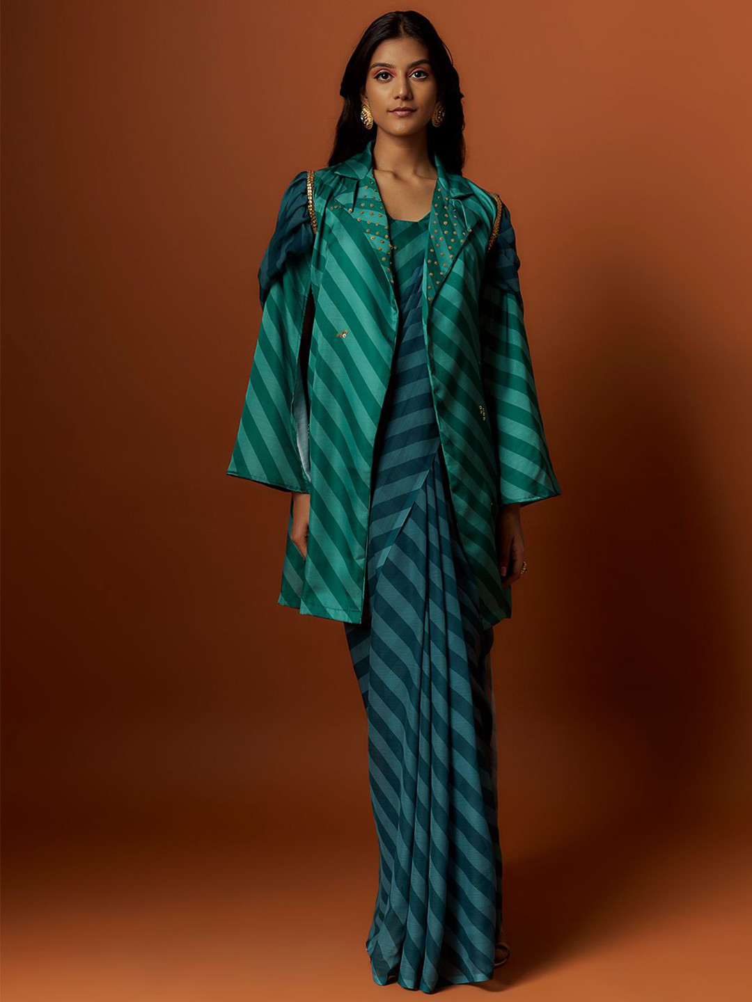 Mystake By Meghna Shah Embroidered & Striped Saree Blouse With Jacket