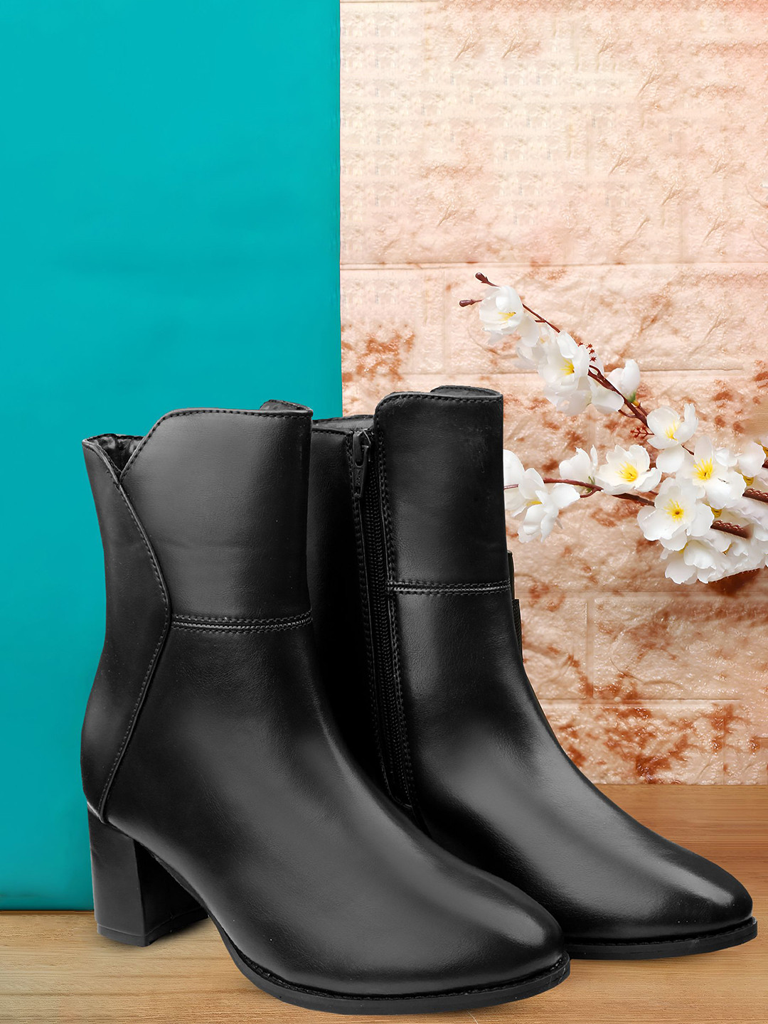 Bxxy Women Faux Leather Ankle Boots with Side Zip and Block Heel