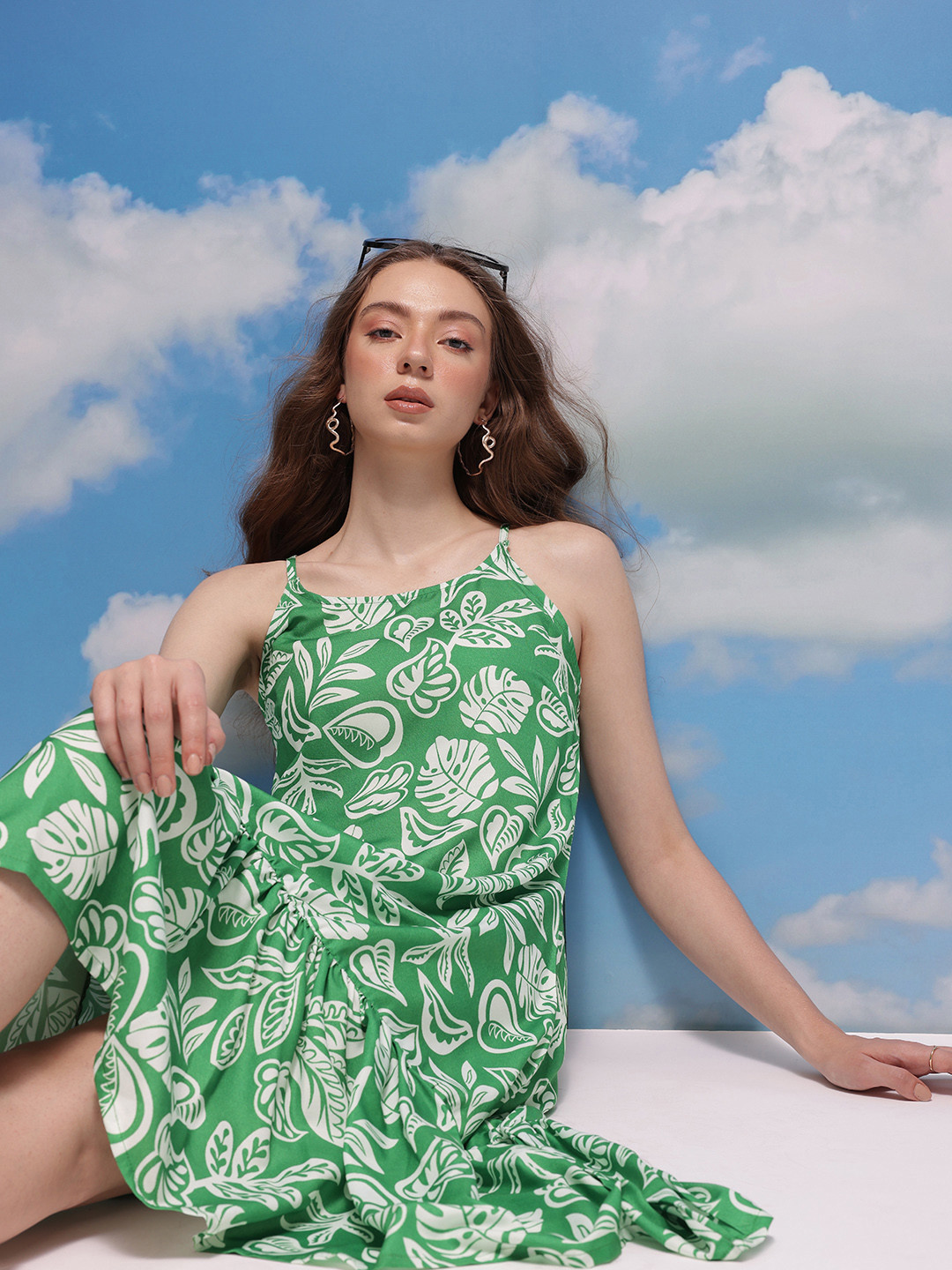 CORSICA Tropical Print Shoulder Straps Gathers A-Line Dress