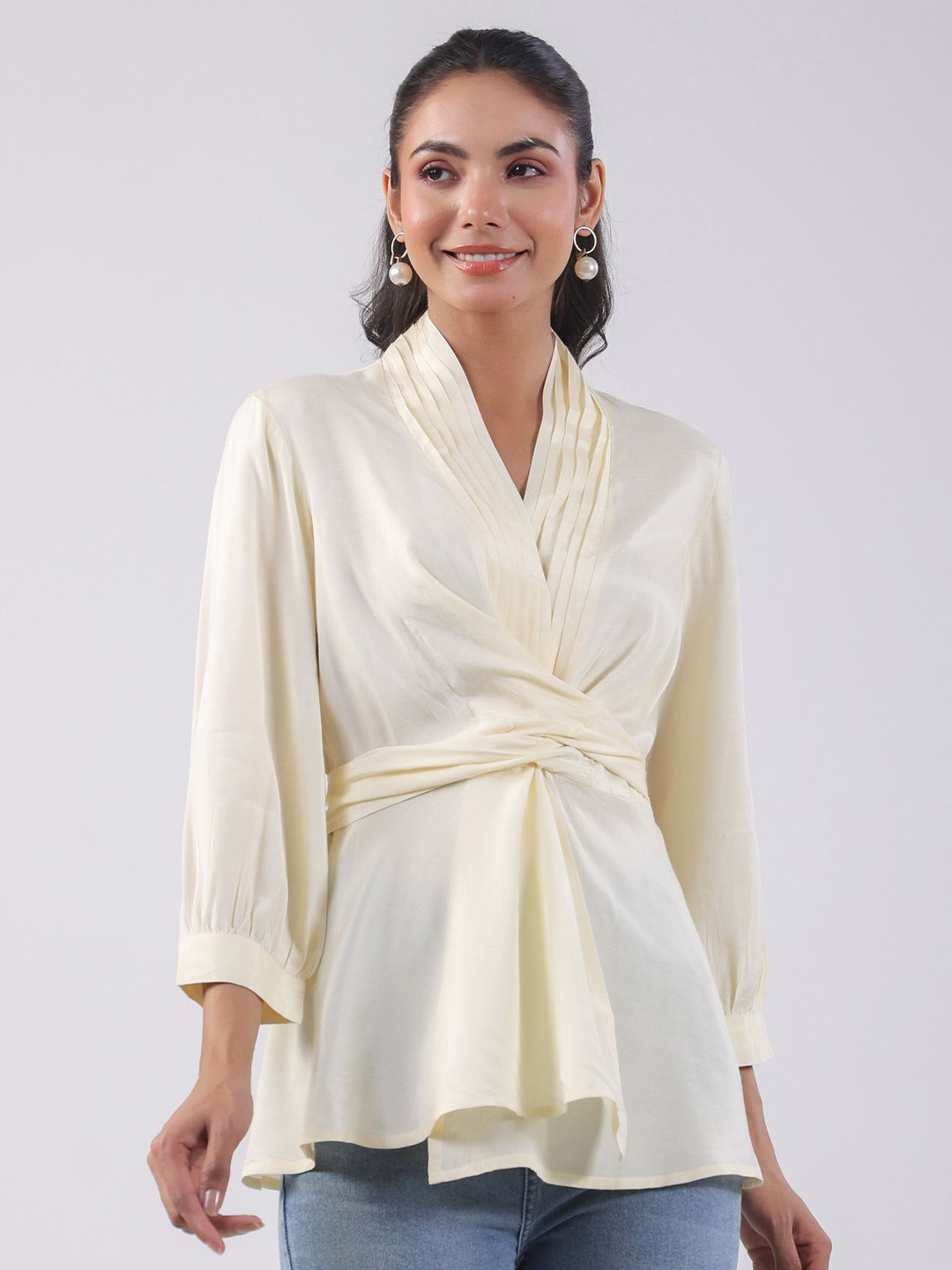 JISORA Women Solid Off White Russian Silk Top