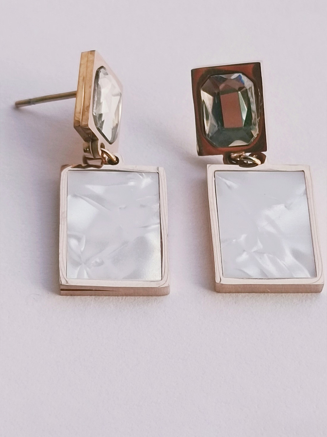 V FASHION JEWELLERY Copper-Plated Artificial Stone Studded Rectangular Shaped Drop Earring