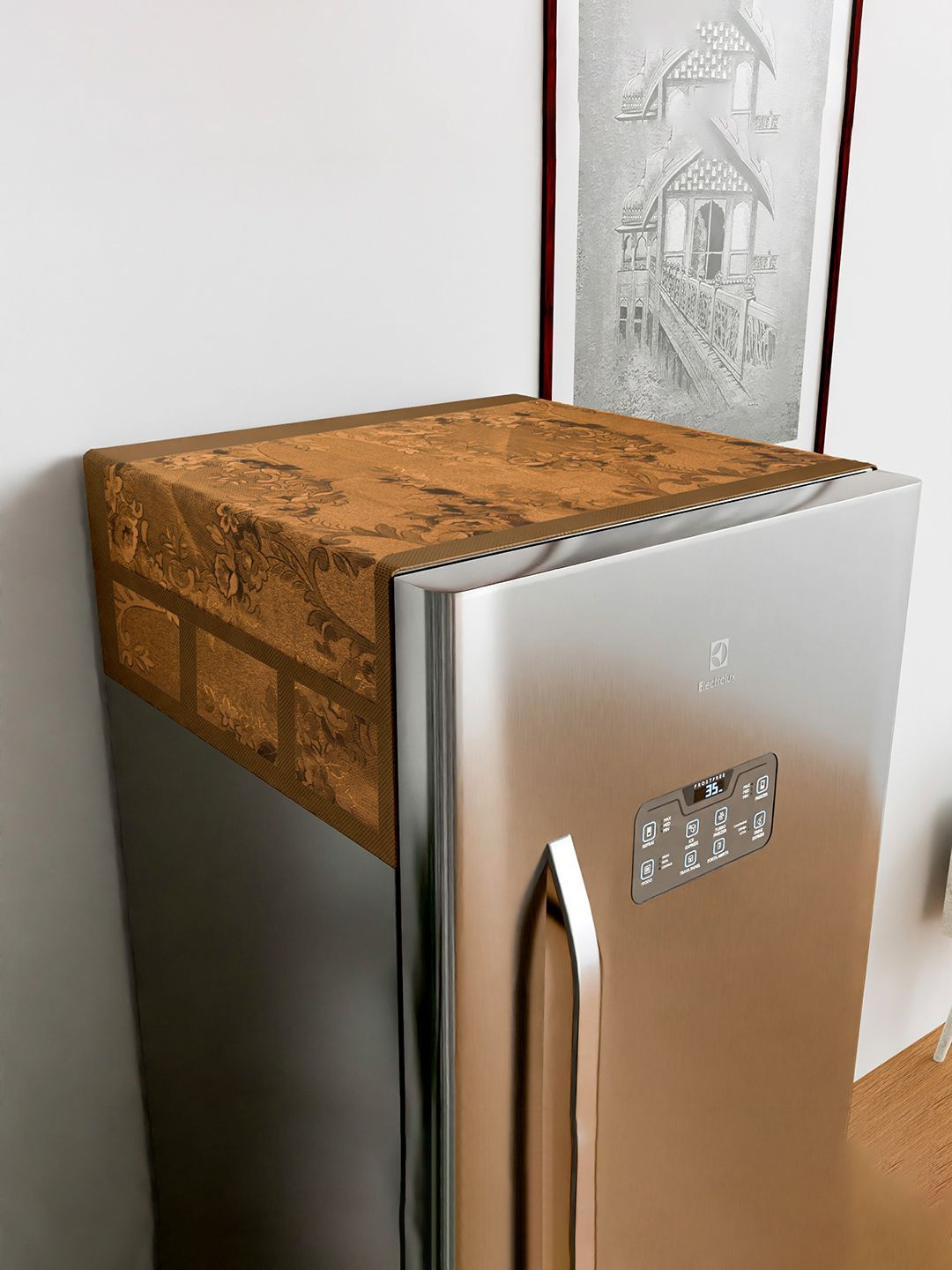 Kuber Industries Gold-Toned Printed Extra Durability Fridge Top Cover With 6 Side Pockets