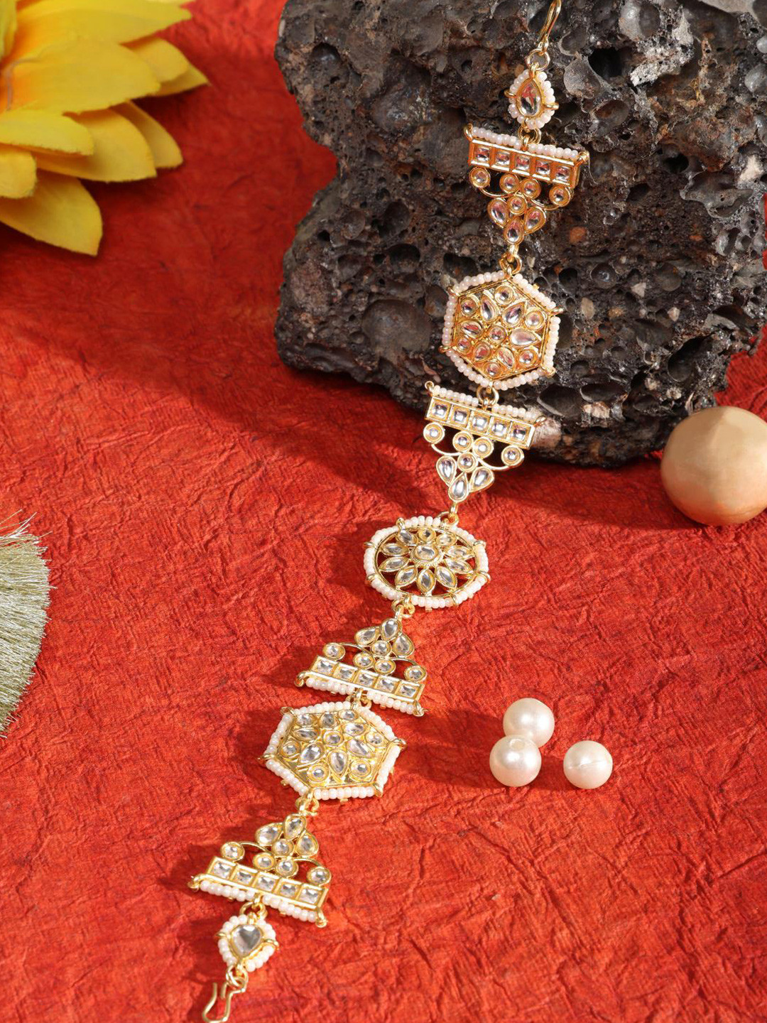 ANIKAS CREATION Gold-Plated Kundan Studded & Pearls Beaded Sheeshphool Head Chain