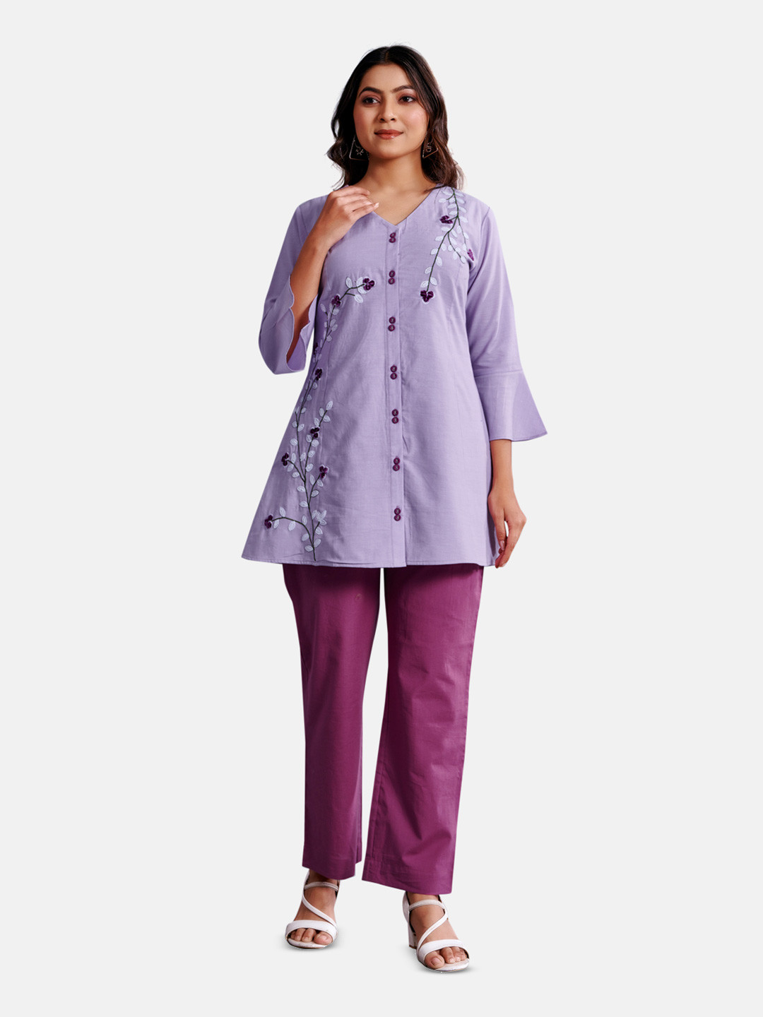 Komarri U Embroidered Thread Work Pure Cotton Top With Trousers