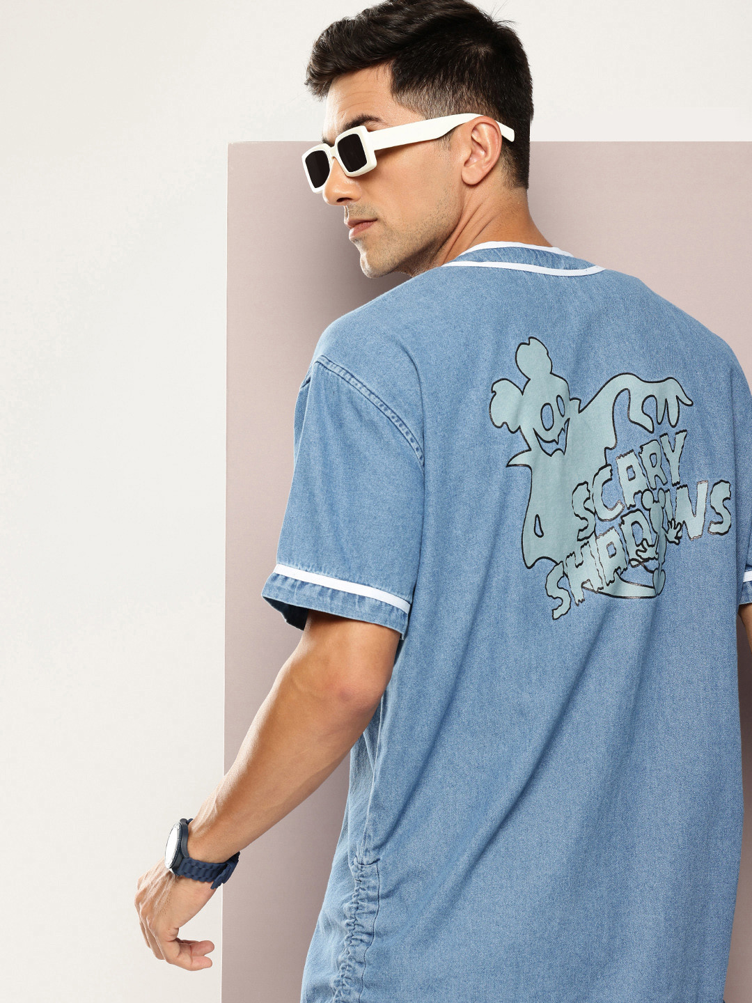 Kook N Keech Relaxed Fit Printed Drop-Shoulder Sleeves Chambray Pure Cotton Casual Shirt
