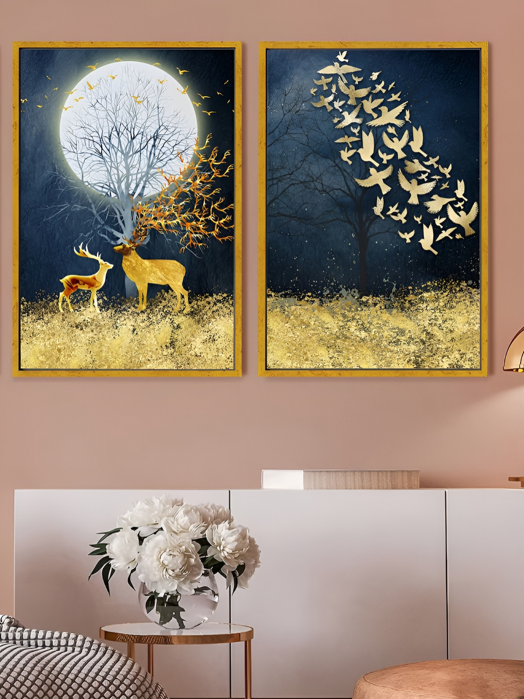 Art Street Blue & Gold-Toned 2 Pieces Reindeers Printed Canvas Wall Paintings