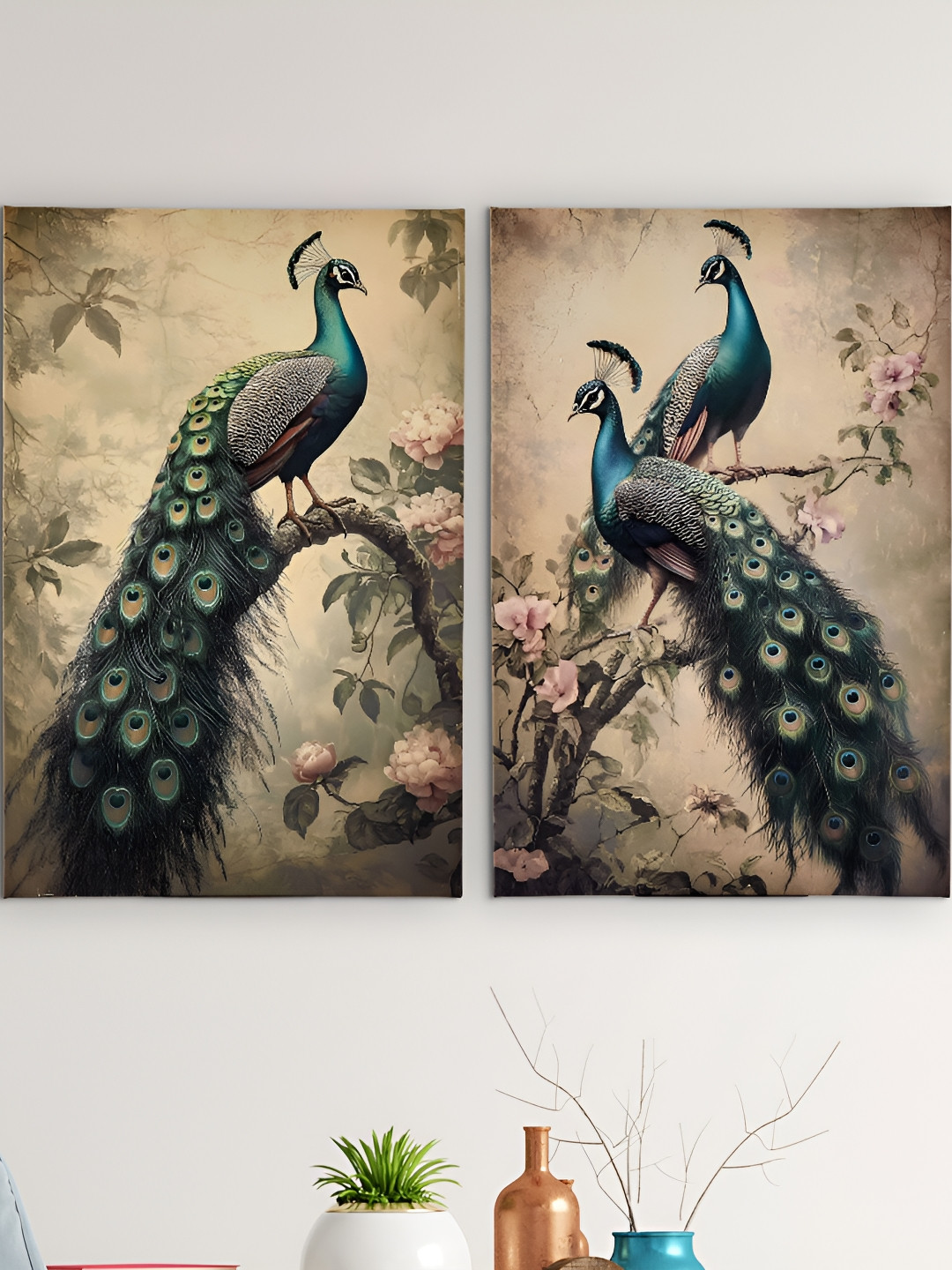 Home Centre Green & Beige 2 Pieces Peacock Canvas Picture Frames