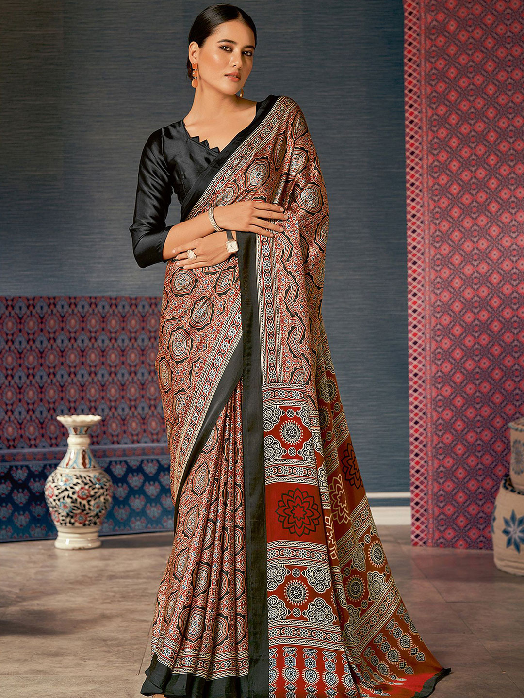 Anouk Rustic modal Ajrak Block Poly Crepe Block Print Saree with Blouse Piece
