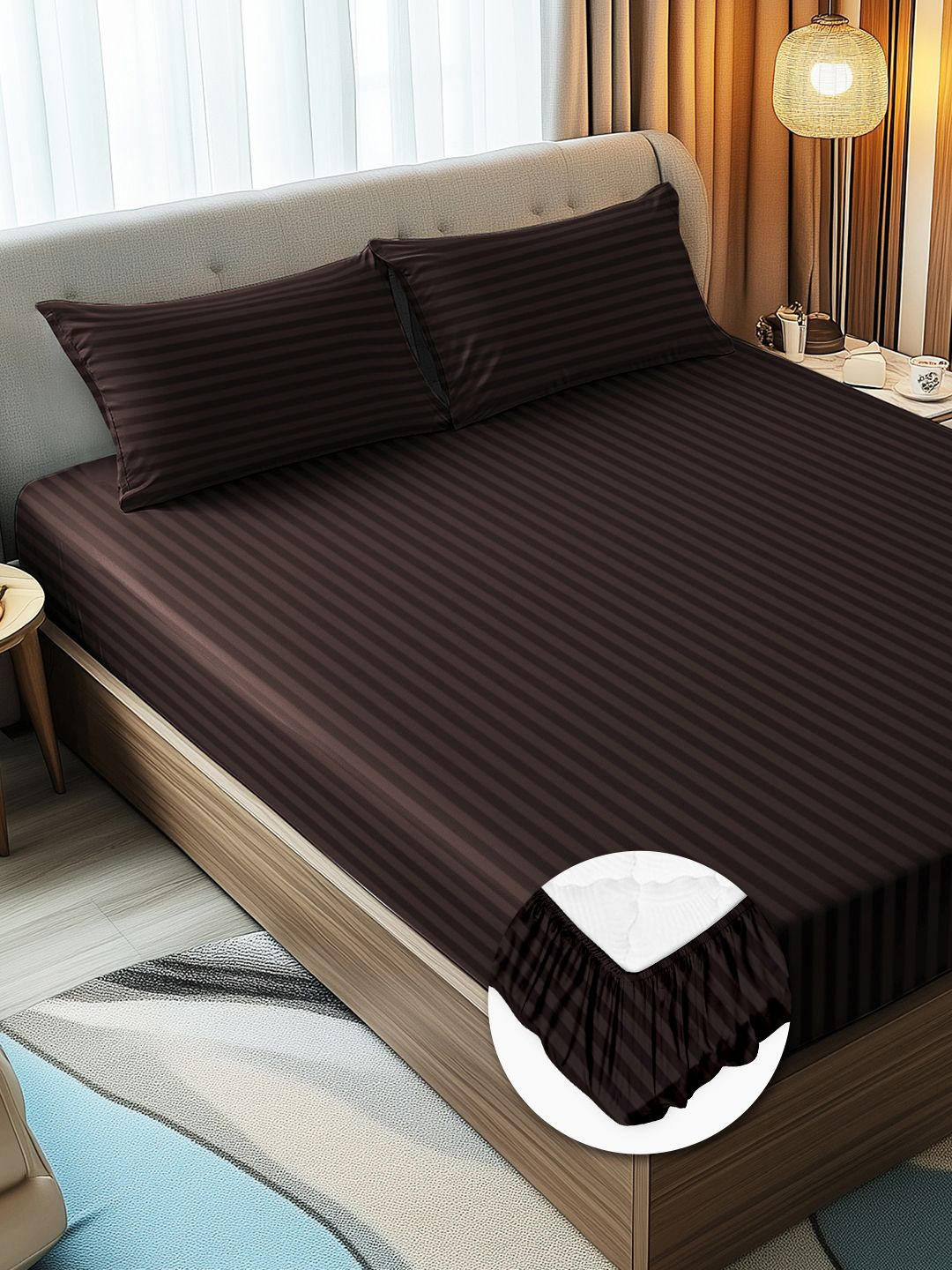 Story@home Brown Striped Microfiber Light Weight 300 TC Fitted Double Fine Bedsheet with 2 Pillow Covers-87 x 94 inches