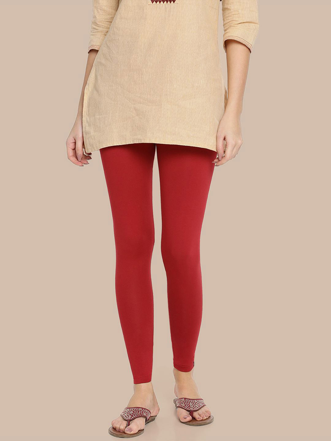 TWIN BIRDS Women Cotton Blend Solid Lava Red Ankle Length Leggings