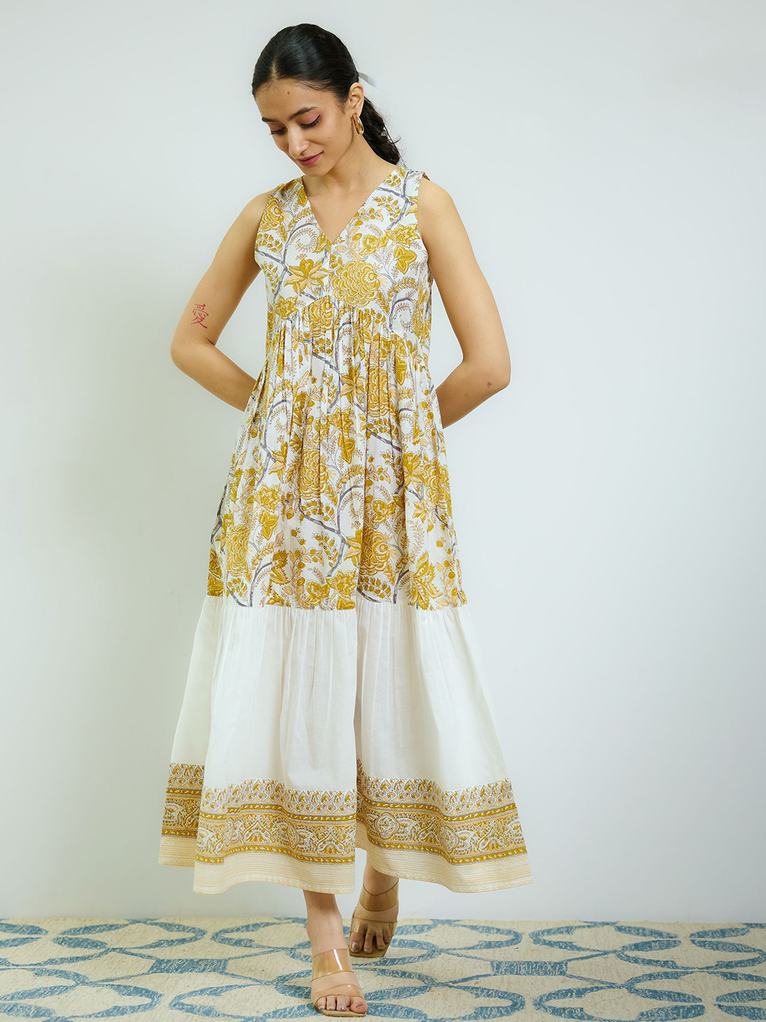 Rustorange Ochre Yellow Sanganeri Printed Cotton Tier Dress