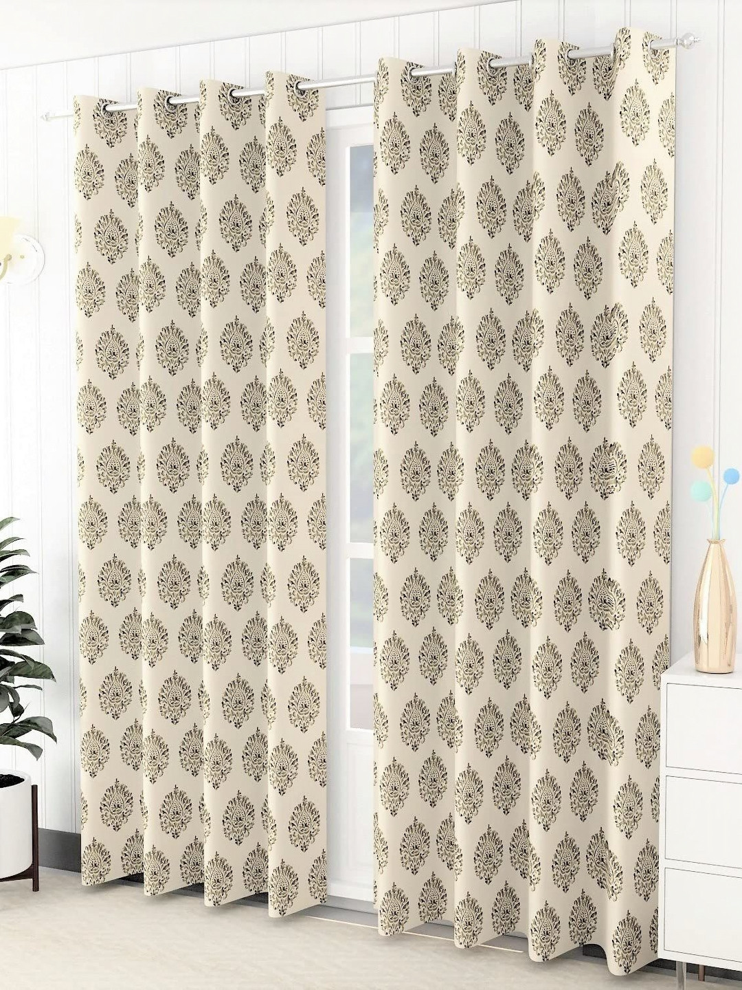 Trance Home Linen Cream-Coloured & Green 2 Pieces Printed Cotton Regular Window Curtain