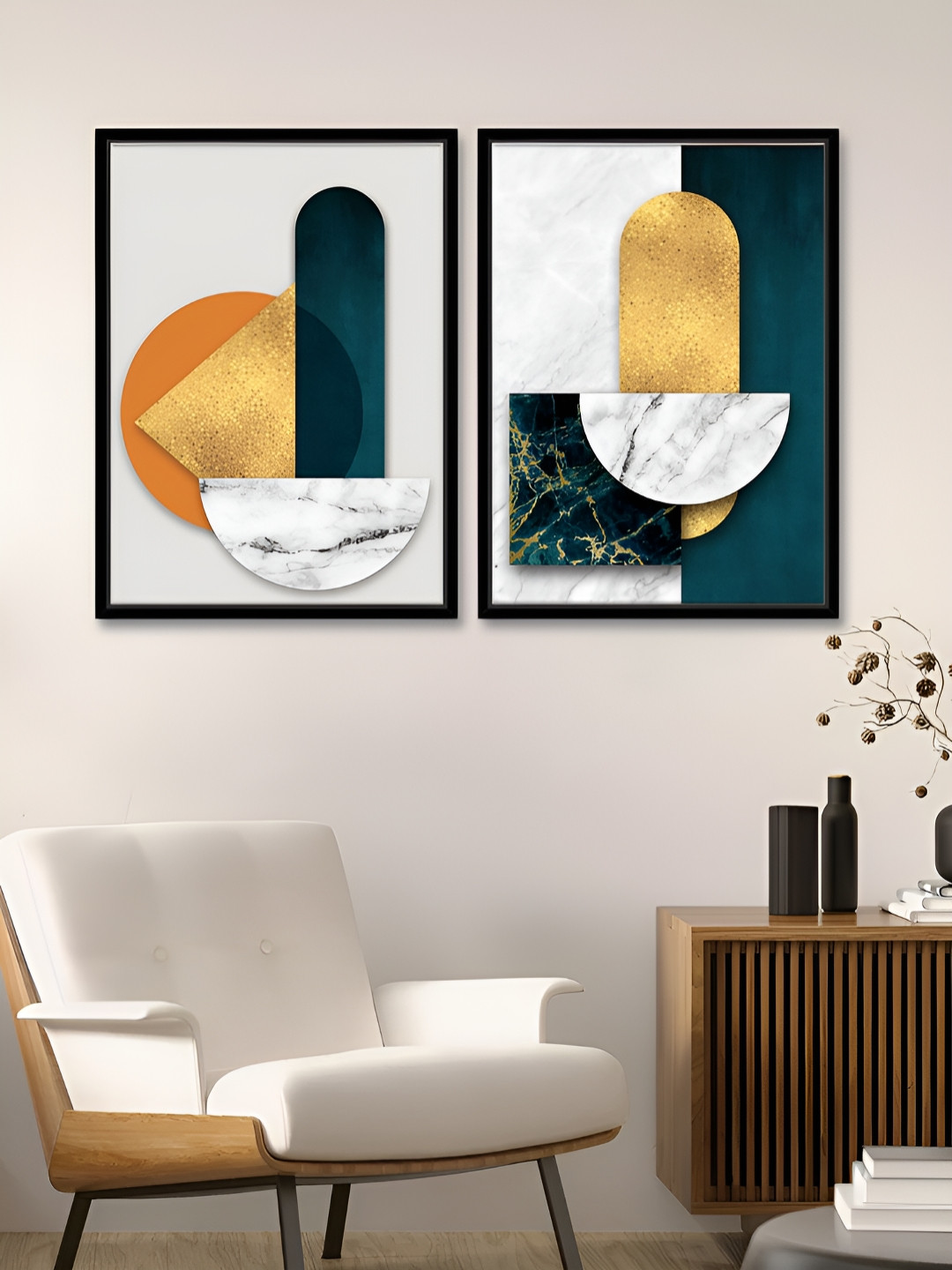 Art Street White & Gold-Toned 2 Pieces Geometric Printed Canvas Wall Paintings
