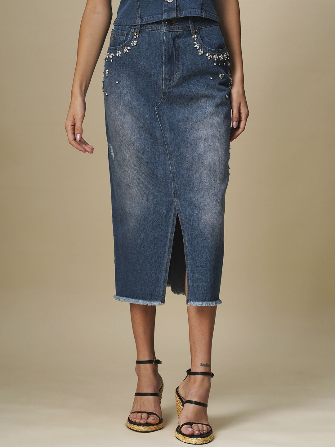 Chemistry Embellished 5 Pocket Front Slit Denim Skirt
