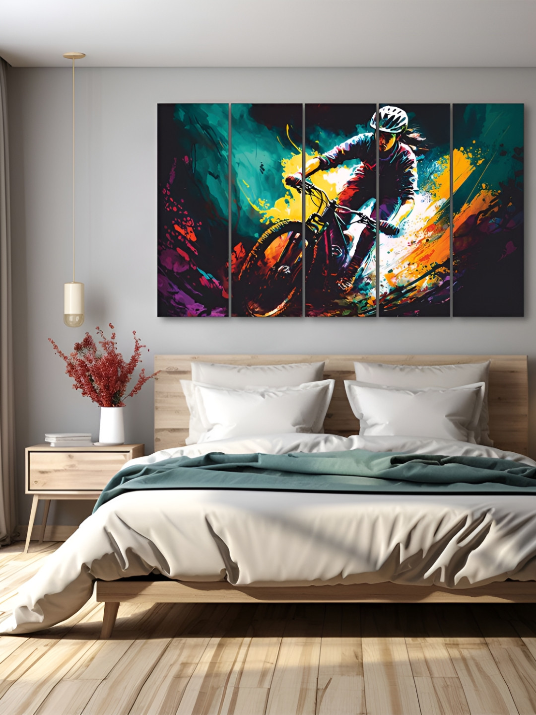 The Castle Decor Teal & Yellow 5 Pieces Sports Abstract Wooden Wall Art