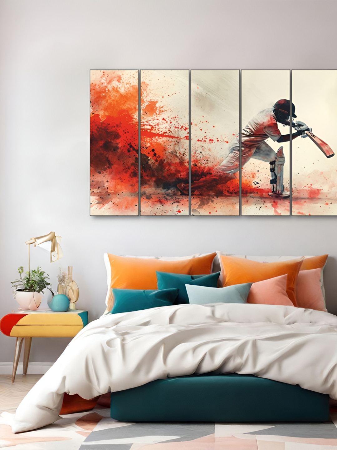 The Castle Decor Cream-Coloured & Orange 5 Pieces Abstract Wooden Paintings Wall Arts